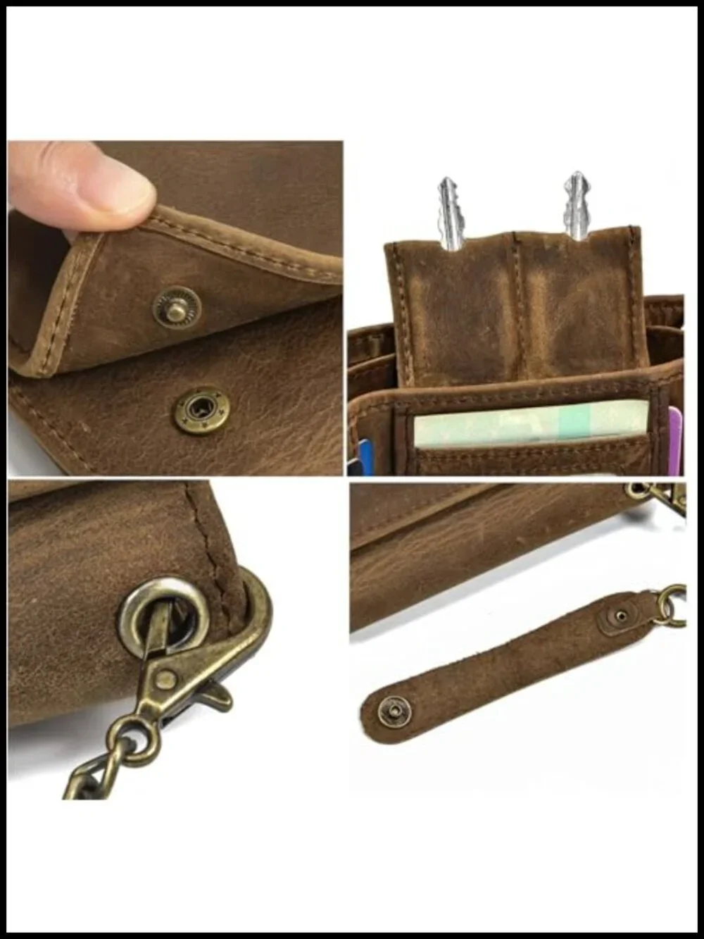 Genuine Leather Trifold Wallet with Metal Chain for Men - RFID Blocking Card